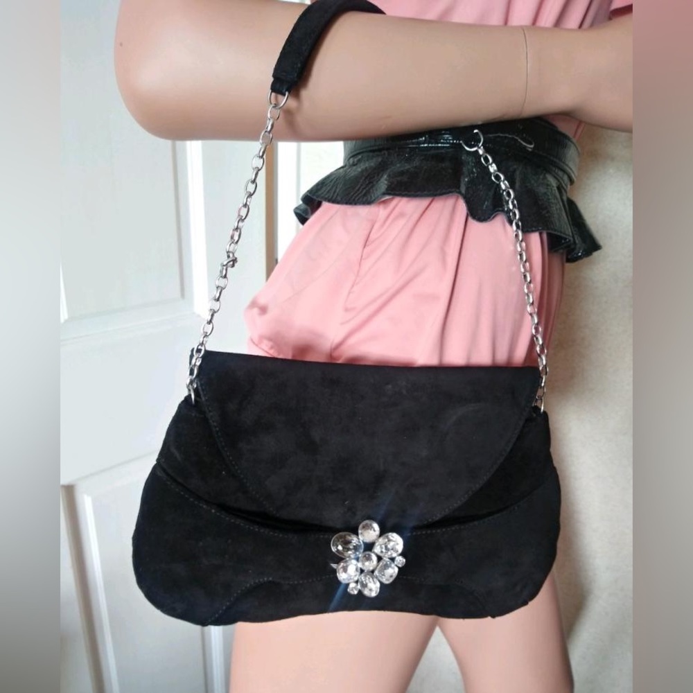 Swarovski black suede bag with crystals brooch. Great condition.